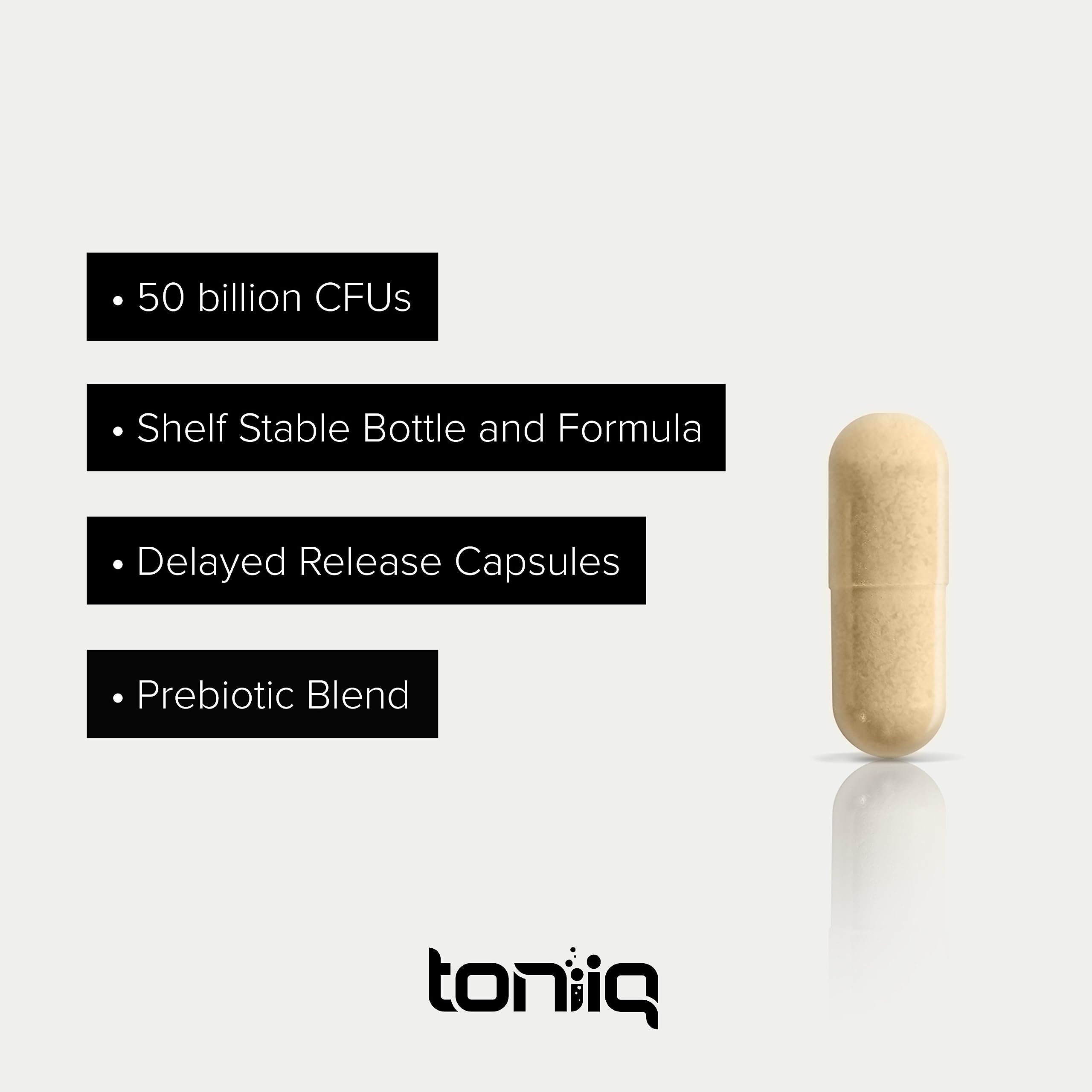 Toniiq bottle and label featuring serving size and CFU details for clarity.