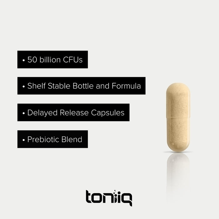 Toniiq bottle and label featuring serving size and CFU details for clarity.