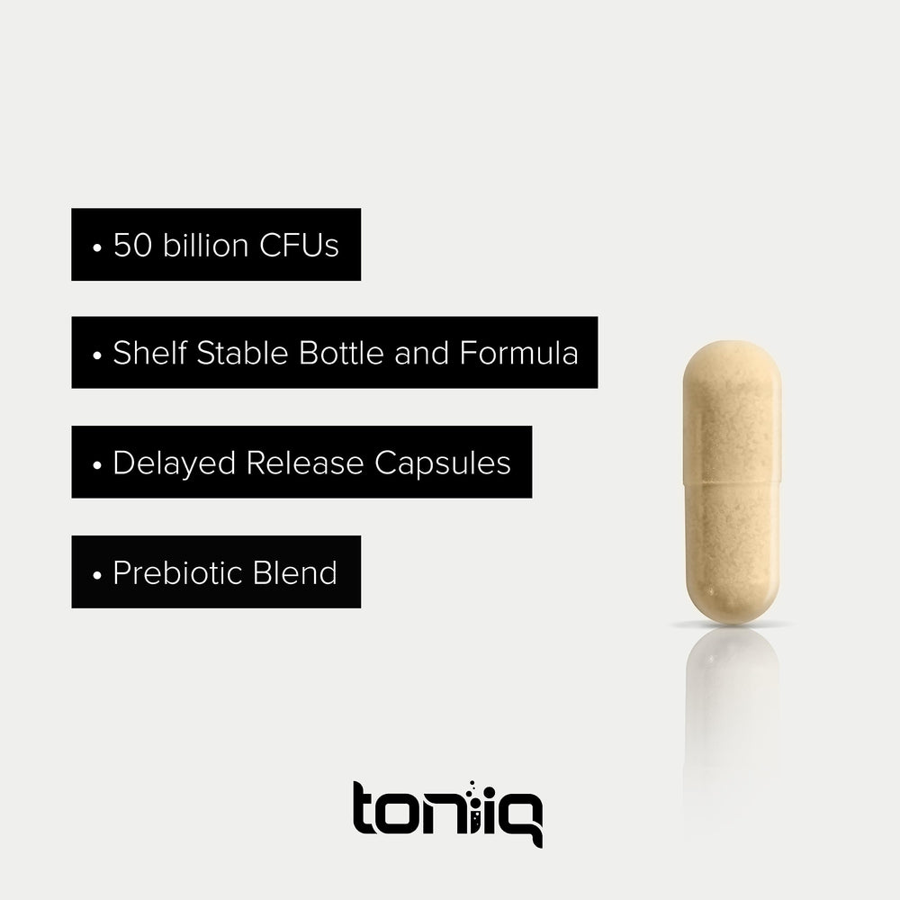 Toniiq bottle and label featuring serving size and CFU details for clarity.