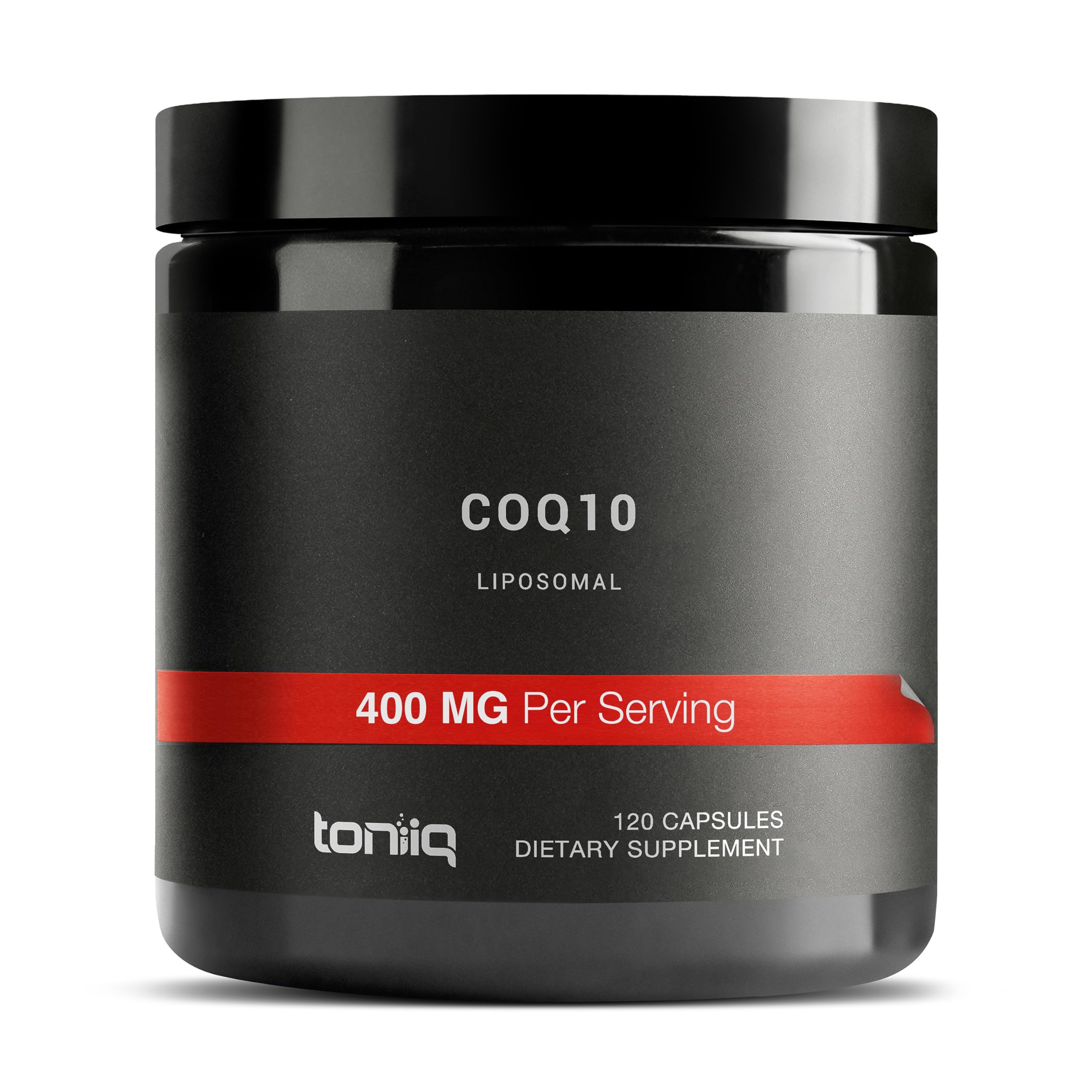 Toniiq CoQ10 400mg bottle closeup showing liposomal delivery for better absorption
