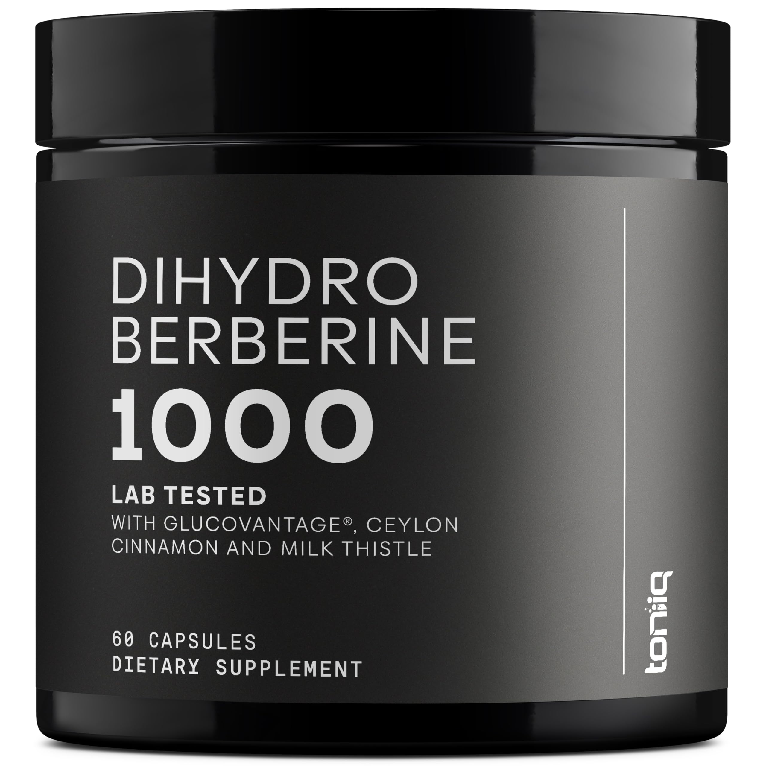 Toniiq Dihydroberberine bottle close-up highlighting high-potency formula for daily wellness.