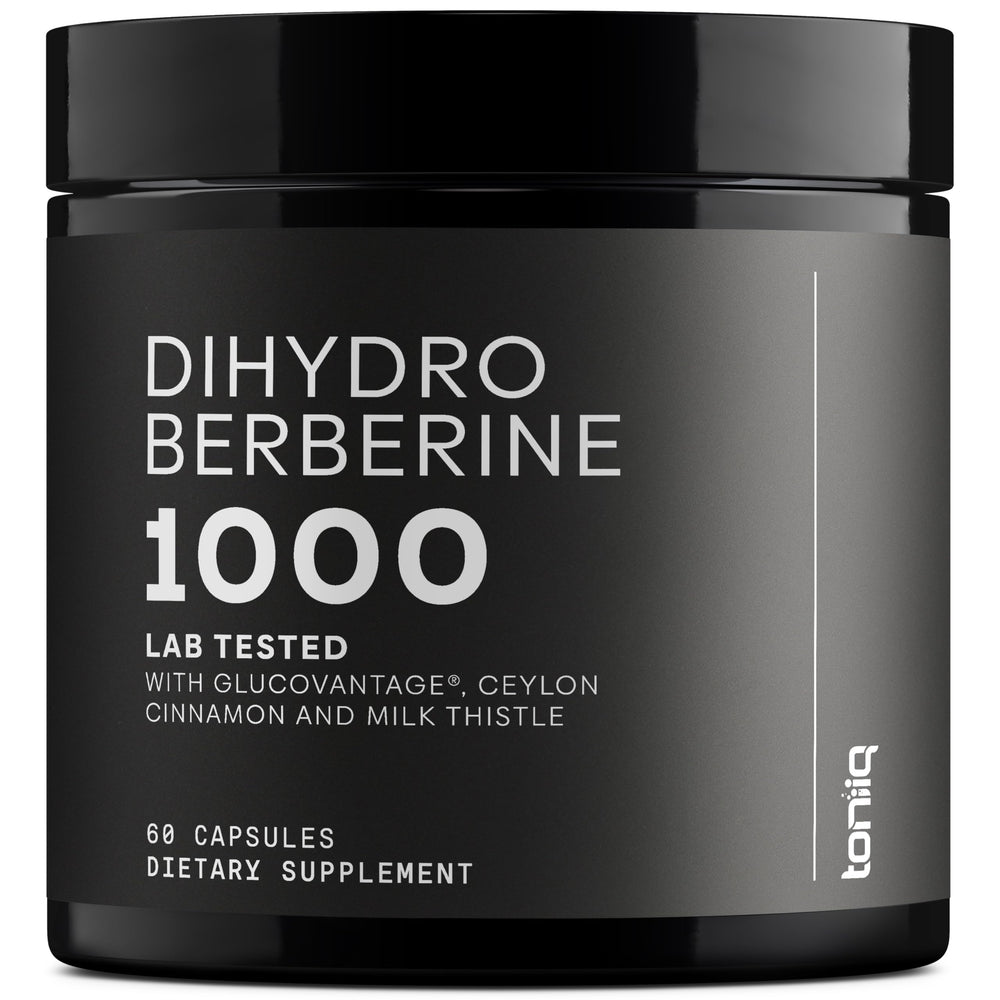 Toniiq Dihydroberberine bottle close-up highlighting high-potency formula for daily wellness.