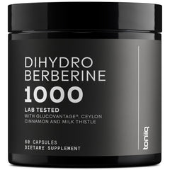 Toniiq Dihydroberberine bottle close-up highlighting high-potency formula for daily wellness.