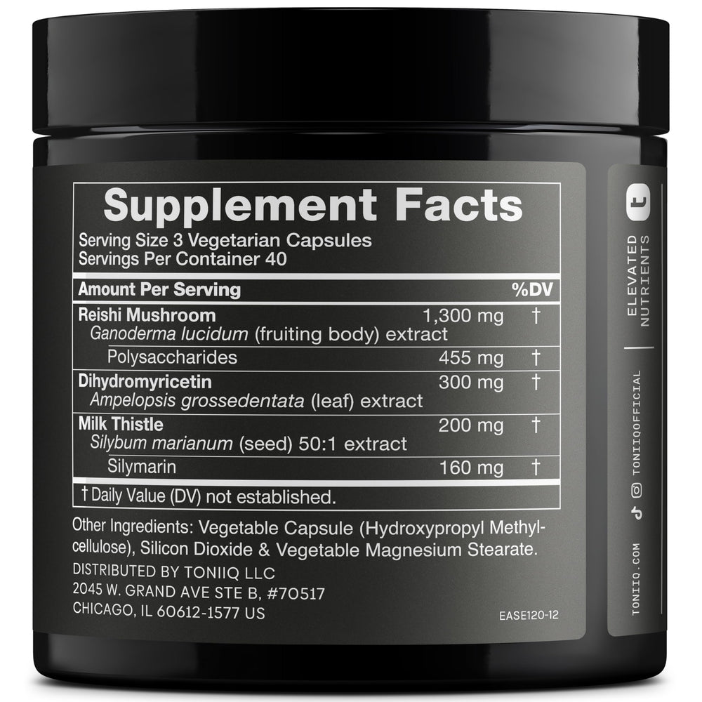 Toniiq Ease with DHM capsules closeup highlighting high-potency formula