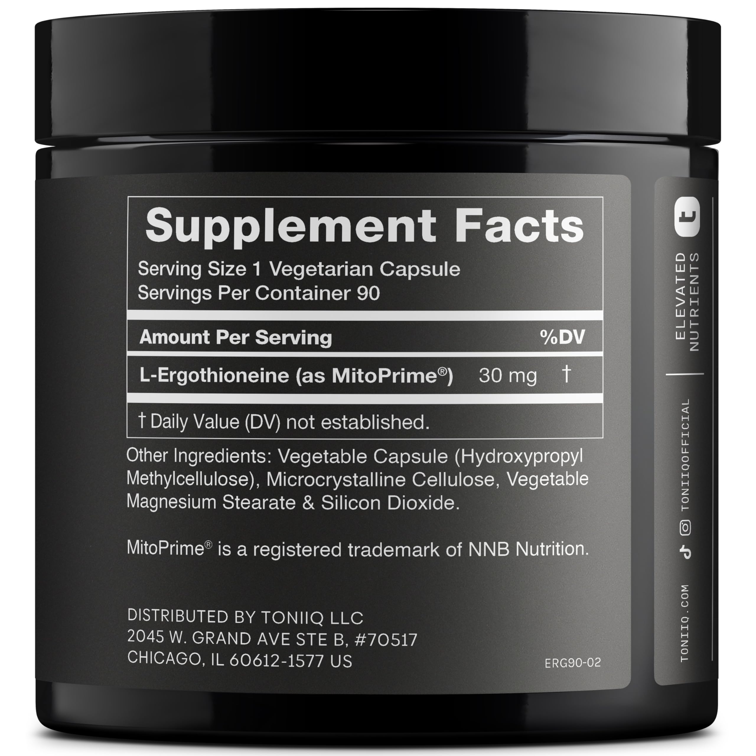 Toniiq Ergothioneine MitoPrime 30mg capsules close-up shows potent dosage for daily use.