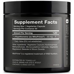 Toniiq Ergothioneine MitoPrime 30mg capsules close-up shows potent dosage for daily use.