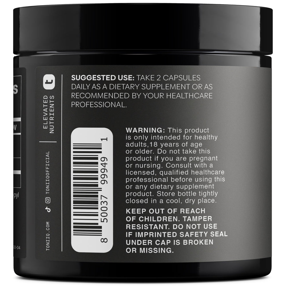Toniiq Fisetin 500mg capsules close-up highlighting uniform pills for consistent dosing.