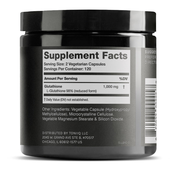 Toniiq Glutathione capsules close-up highlighting purity and texture