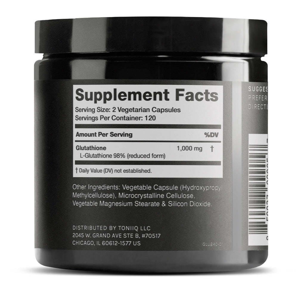 Toniiq Glutathione capsules close-up highlighting purity and texture
