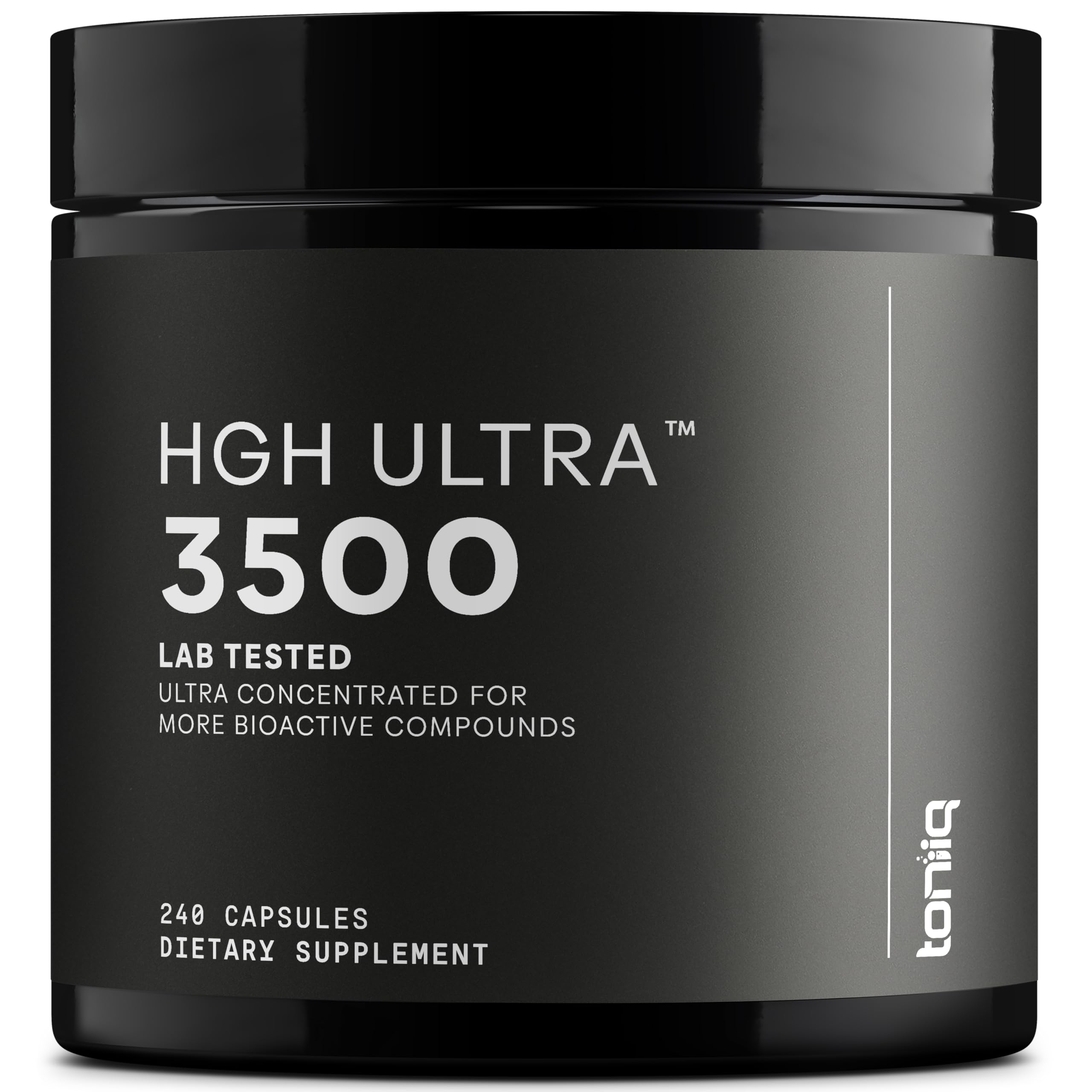 Toniiq HGH supplements bottle supports balanced energy and recovery.