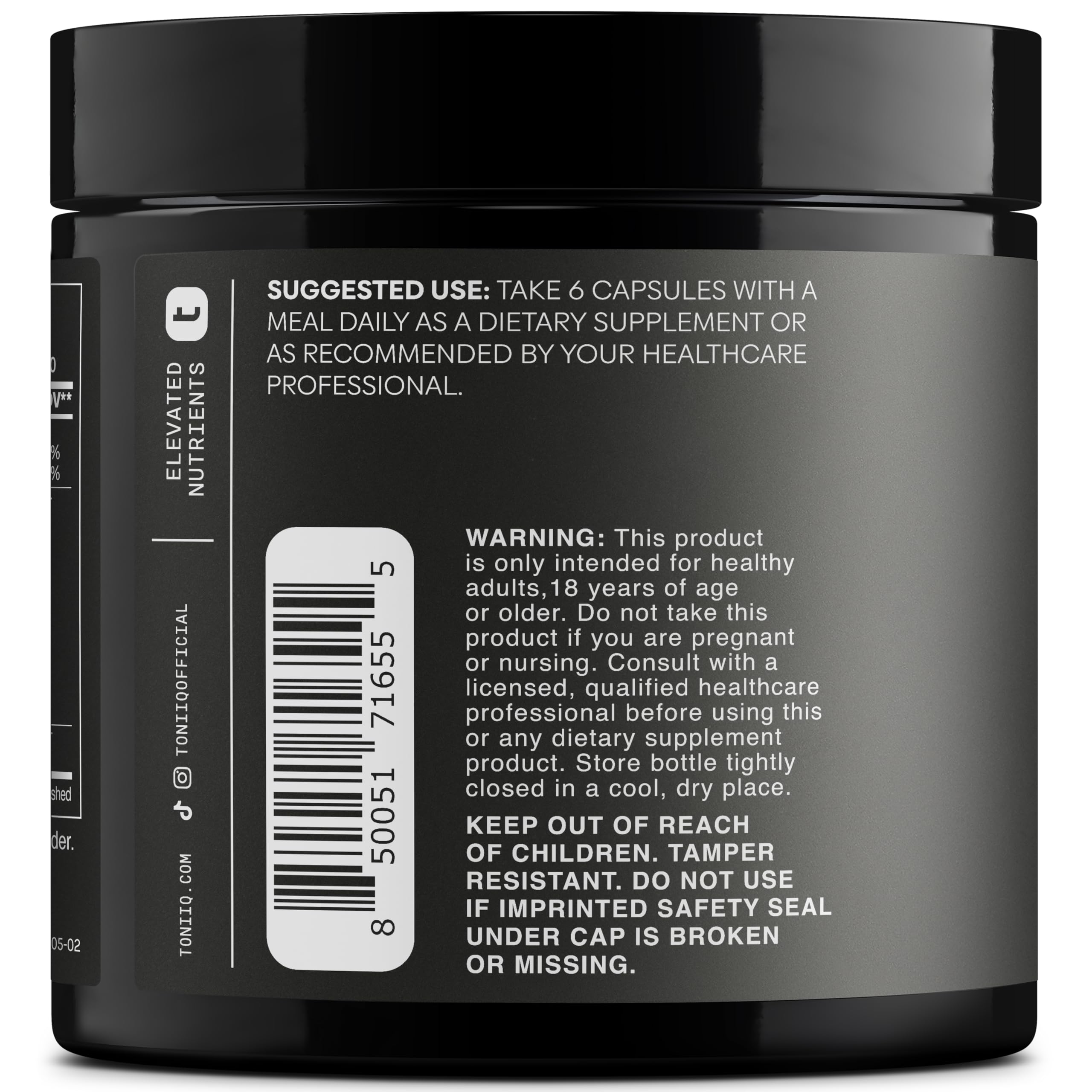 Toniiq HGH capsules closeup highlight high-purity ingredients for daily support.
