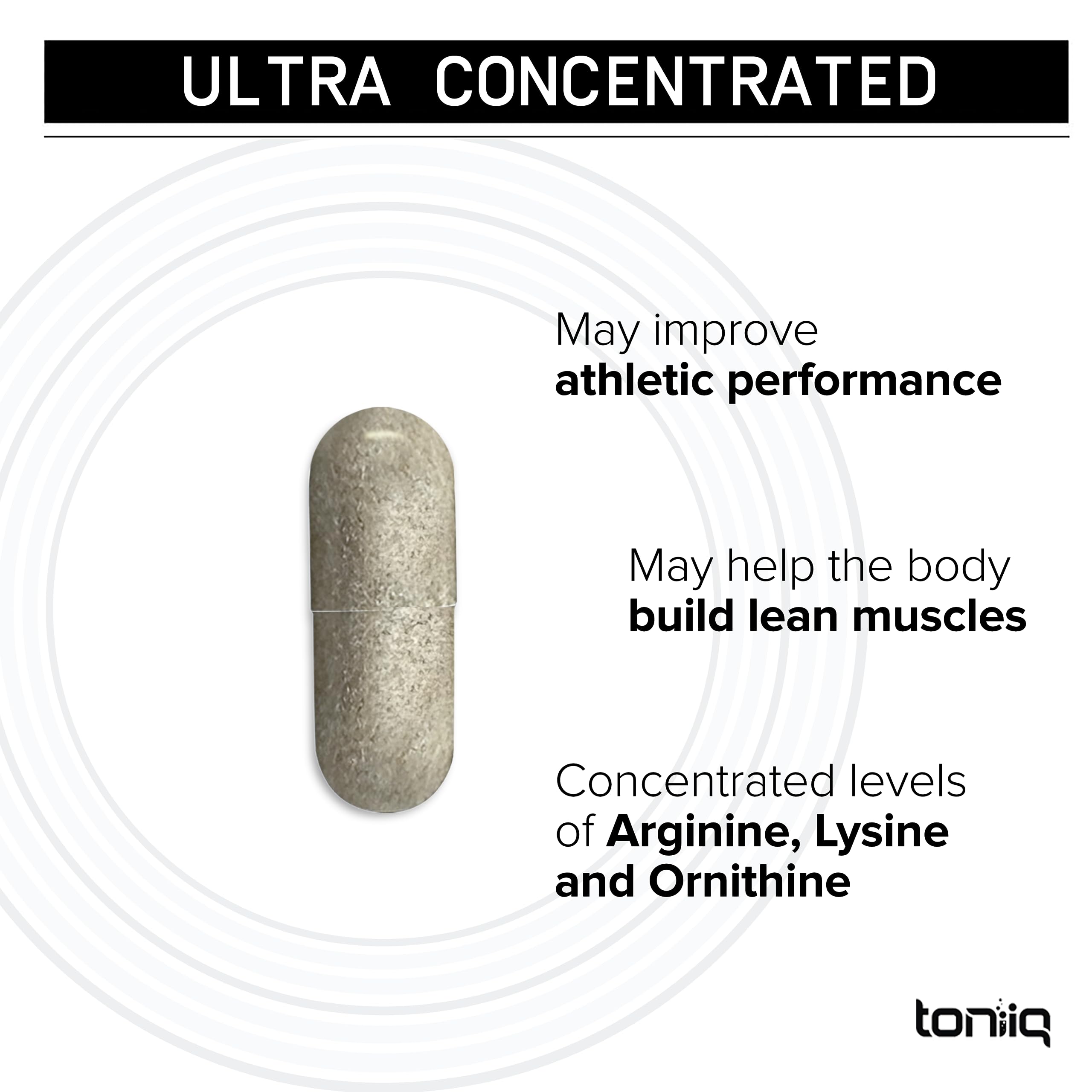 Toniiq HGH ingredients graphic illustrates optimized arginine, lysine, and ornithine.