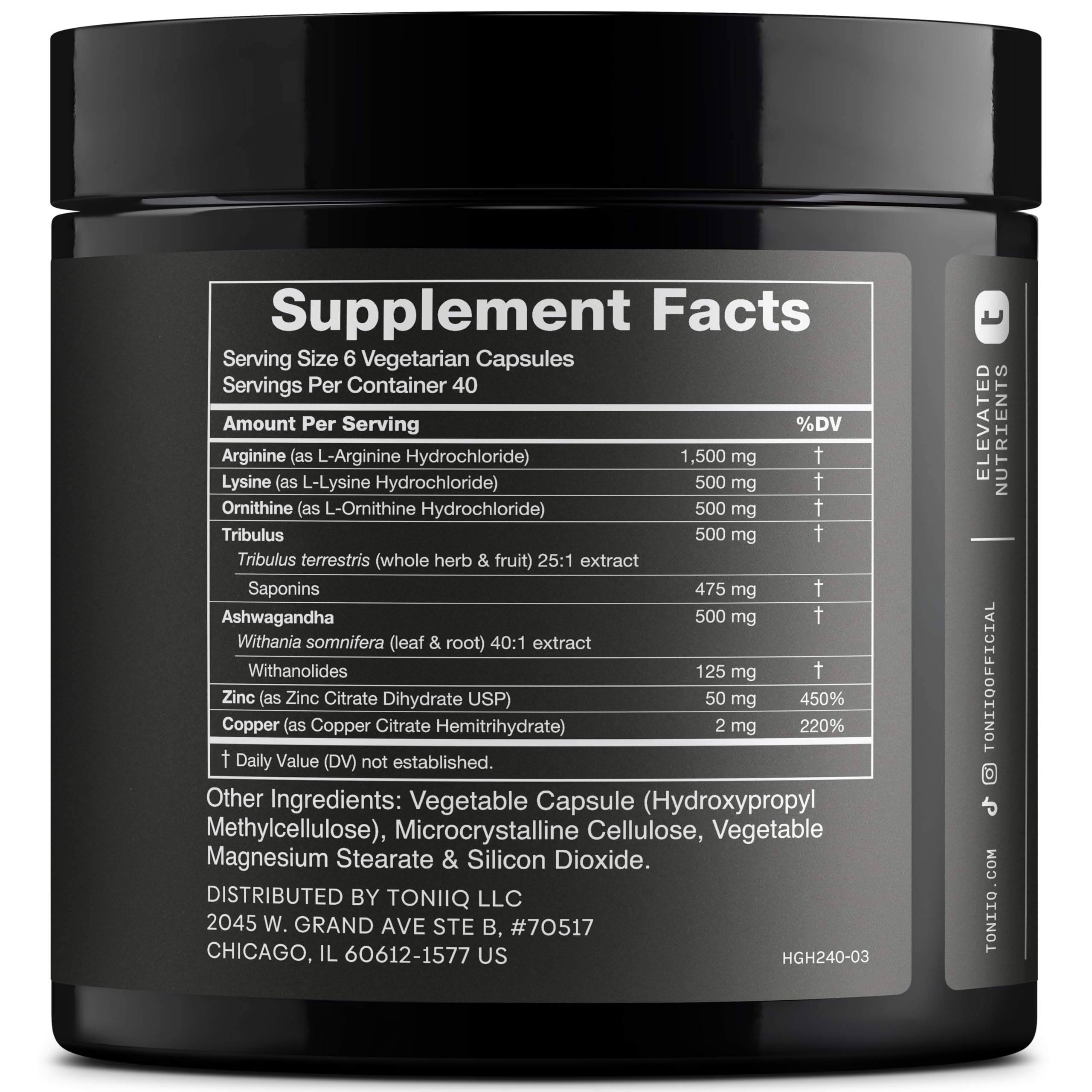 Toniiq HGH supplements label closeup showing purity and potency.
