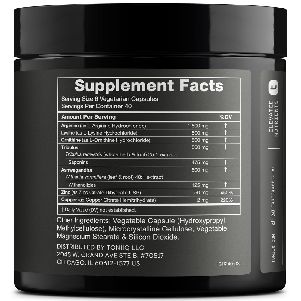 Toniiq HGH supplements label closeup showing purity and potency.