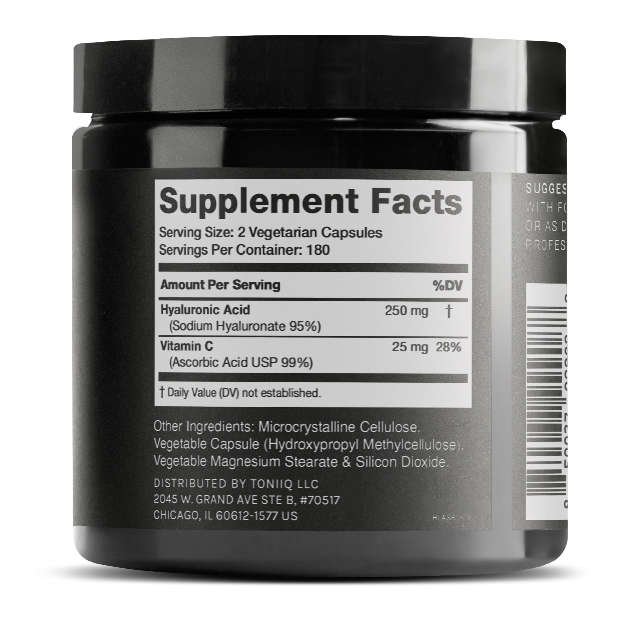 Toniiq Hyaluronic Acid capsules closeup, highlighting compact, bioavailable daily support.