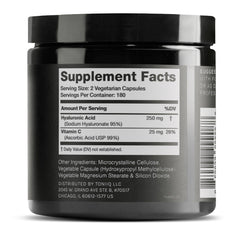Toniiq Hyaluronic Acid capsules closeup, highlighting compact, bioavailable daily support.