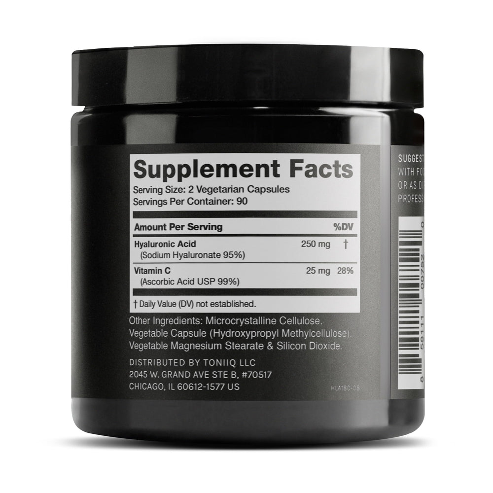 Toniiq Hyaluronic Acid capsules poured to show easy daily dosage