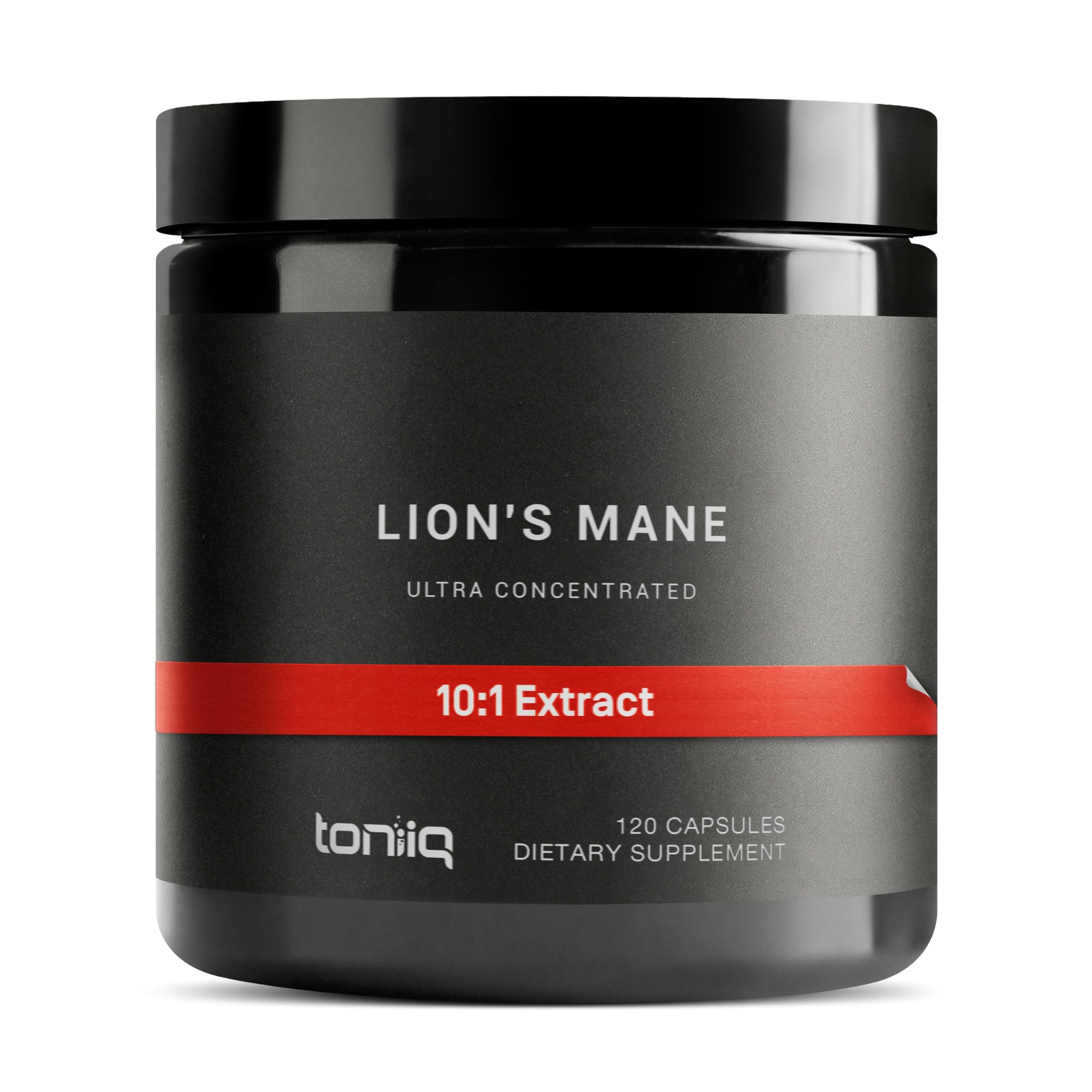 Toniiq Lion’s Mane bottle front, premium mushroom supplement for focus.