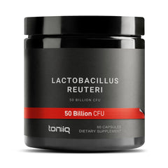 Toniiq Lactobacillus Reuteri probiotic bottle front highlights high CFU per serving