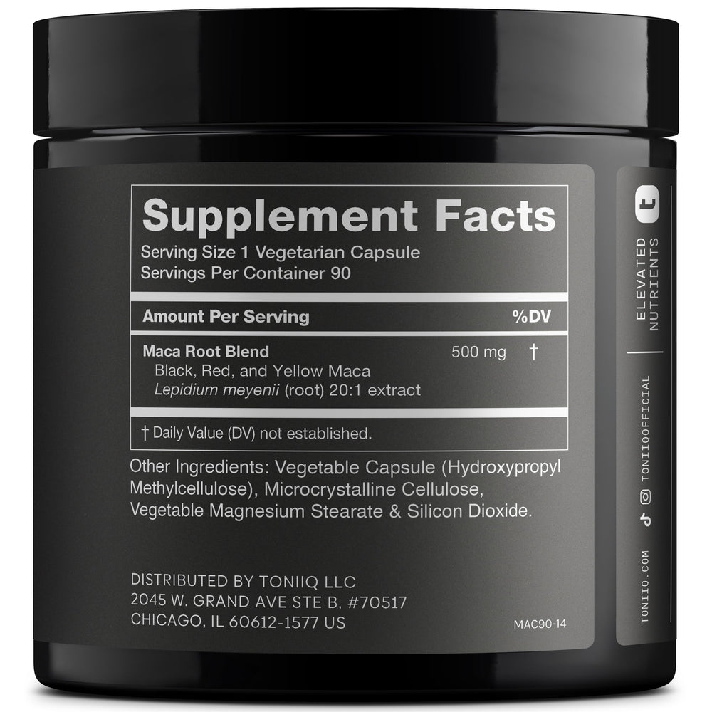 Toniiq Maca blend powder with black red and yellow roots for balanced wellness.