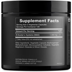 Toniiq NAC 1300mg bottle label with purity and dosage details