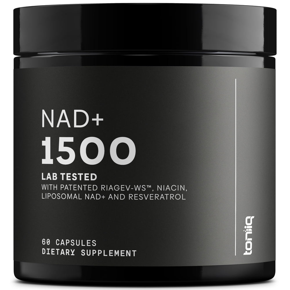 Toniiq NAD+ and Resveratrol bottle front view shows high potency per serving.