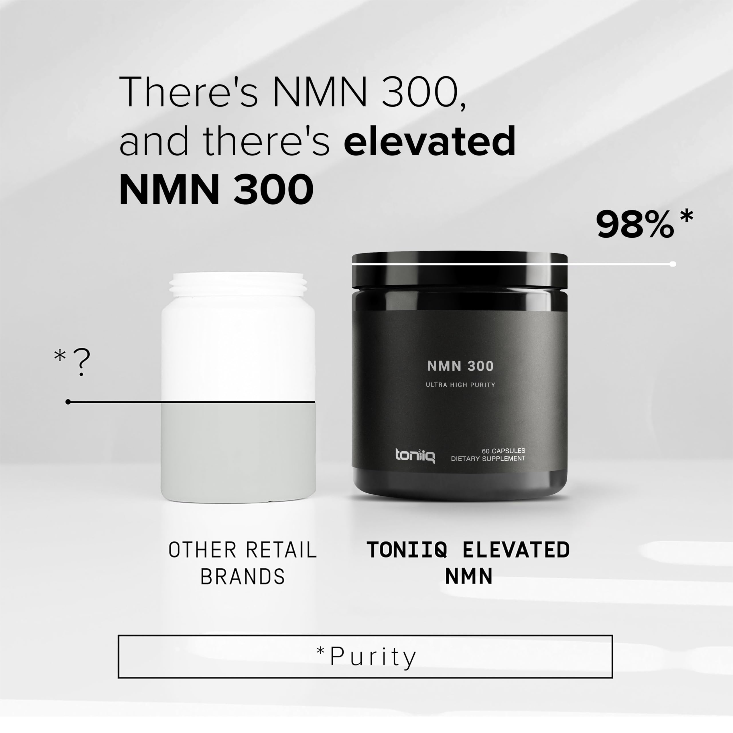 Toniiq NMN label shows 98% purity and 300mg per serving