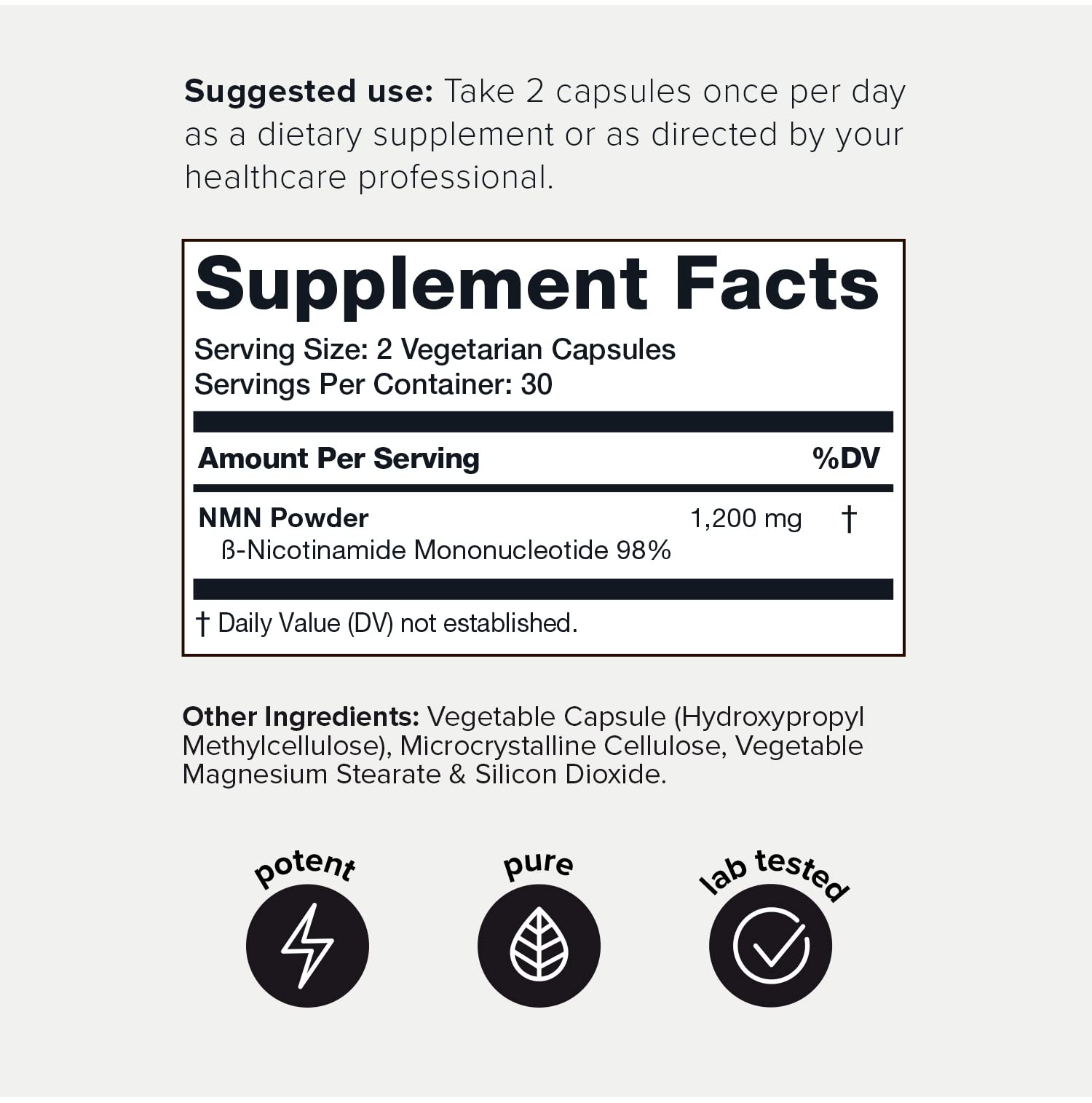 Toniiq NMN bottle back label shows ingredients and purity details.