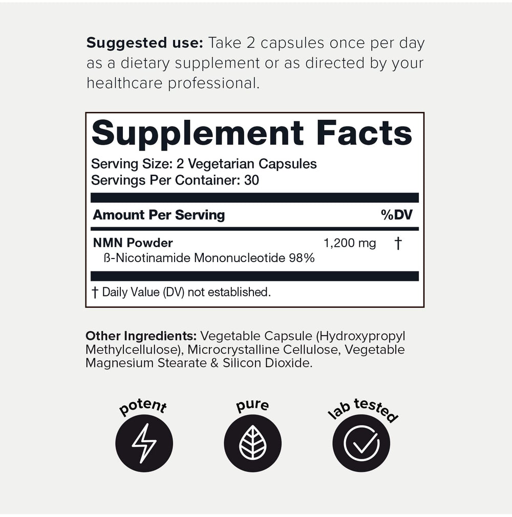 Toniiq NMN bottle back label shows ingredients and purity details.