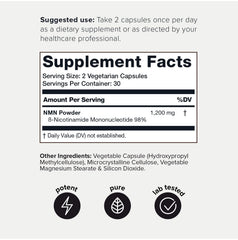 Toniiq NMN bottle back label shows ingredients and purity details.