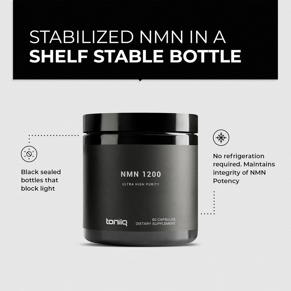 Toniiq NMN bottle held in hand for daily use and portability.