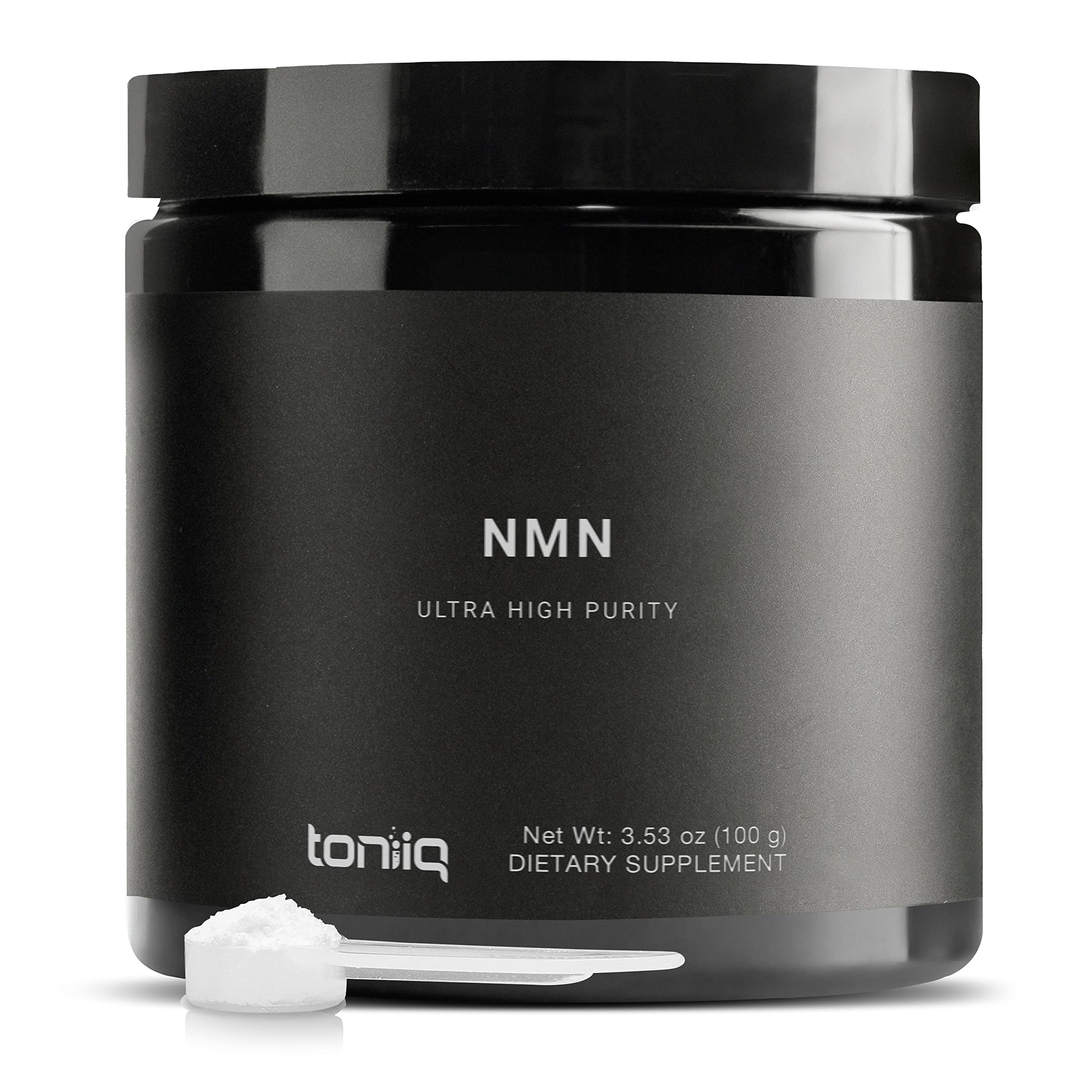 Toniiq NMN powder bottle highlighting high purity and potency