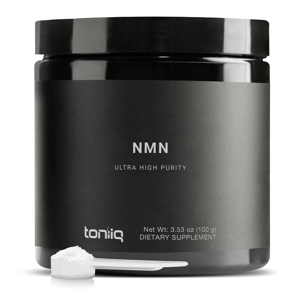 Toniiq NMN powder bottle highlighting high purity and potency
