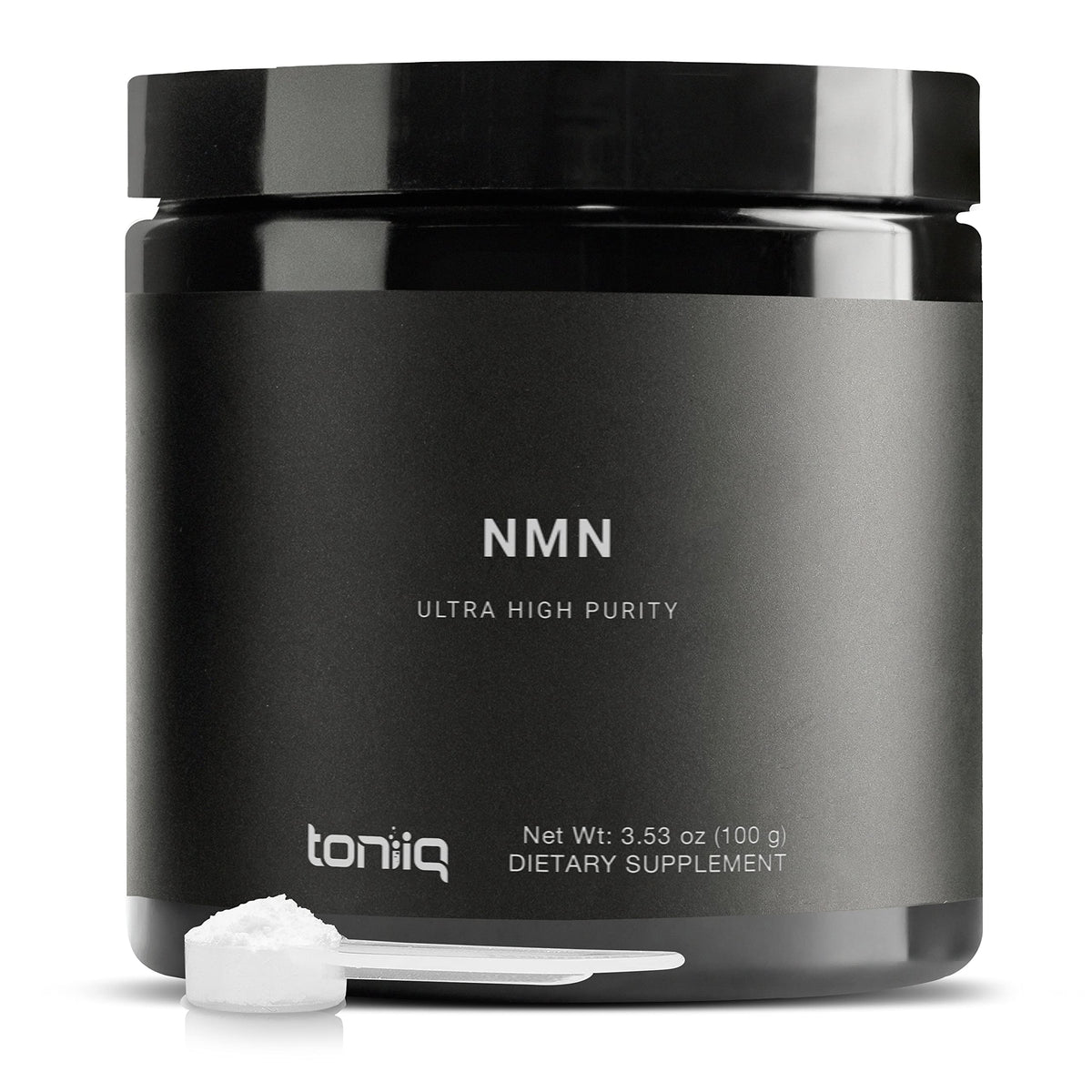 Toniiq NMN powder bottle highlighting high purity and potency