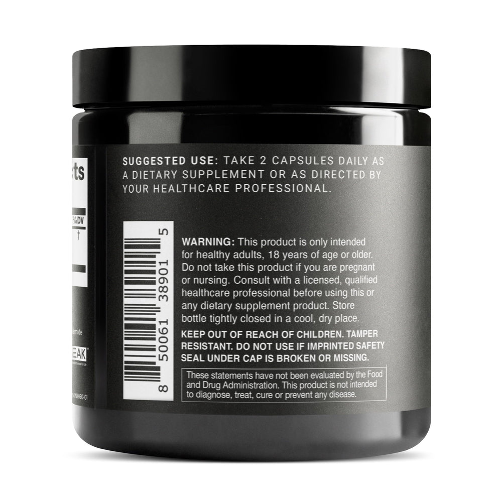 Toniiq NMNH bottle with label noting 95% purity and third-party testing.