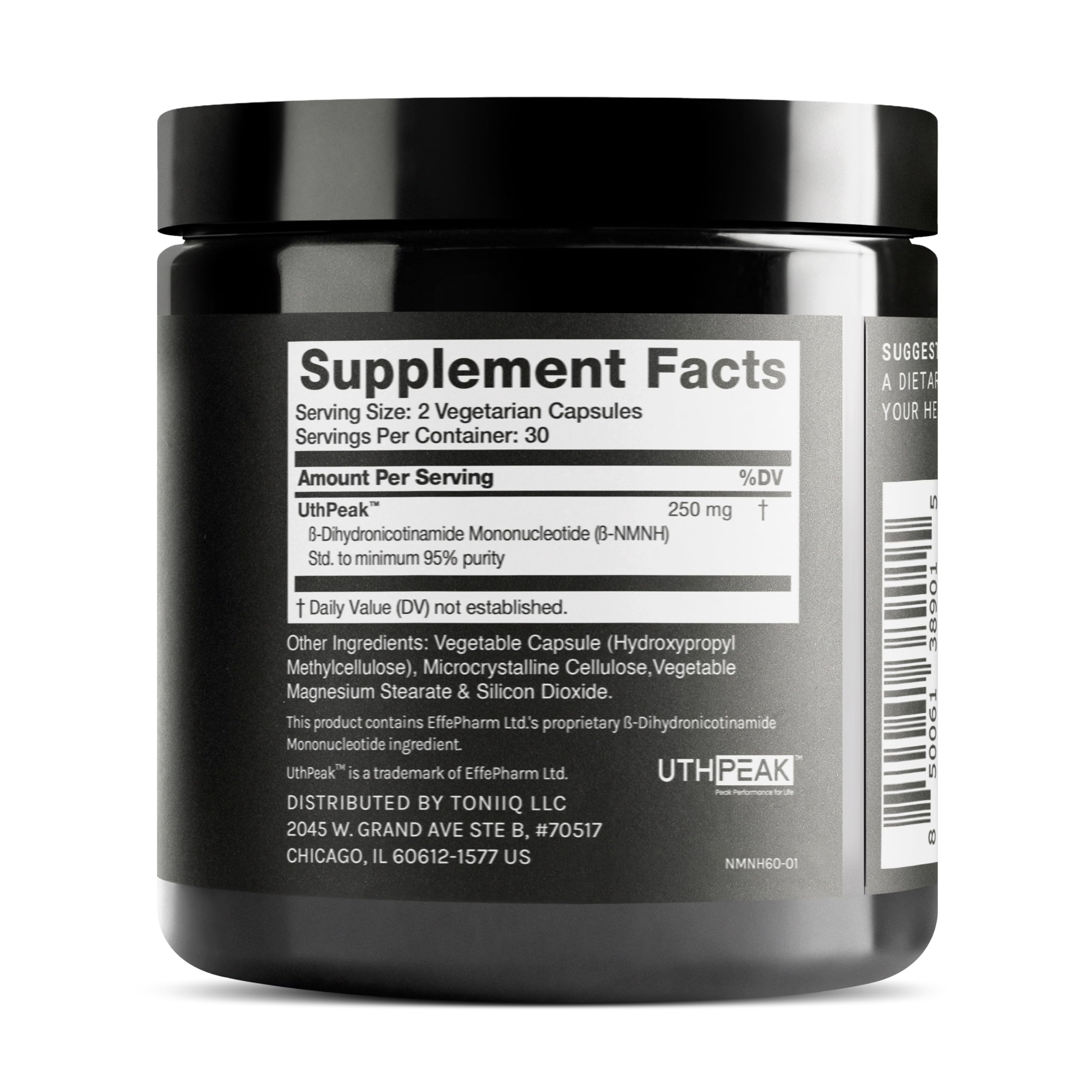 Toniiq NMNH capsules close-up showing compact capsules for steady release.