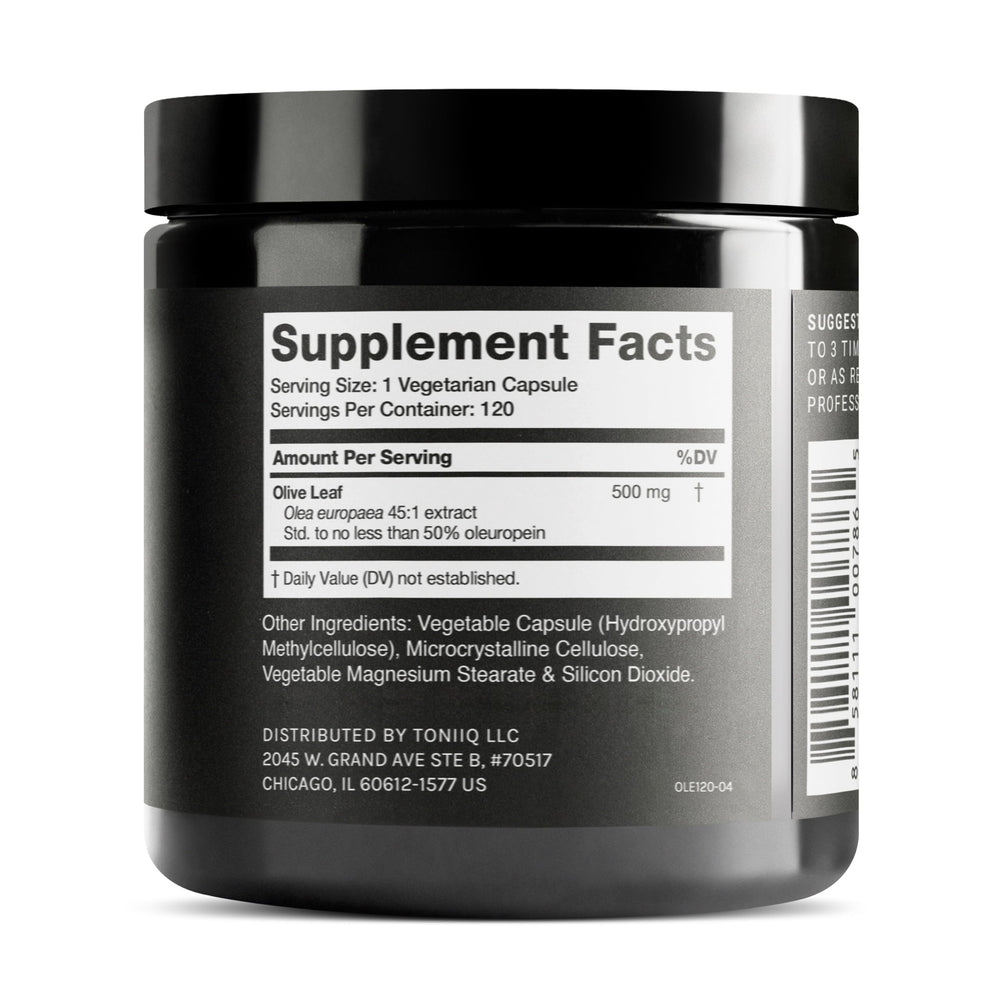 Toniiq oleuropein 50 percent per serving highlights high potency.