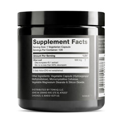 Toniiq oleuropein 50 percent per serving highlights high potency.