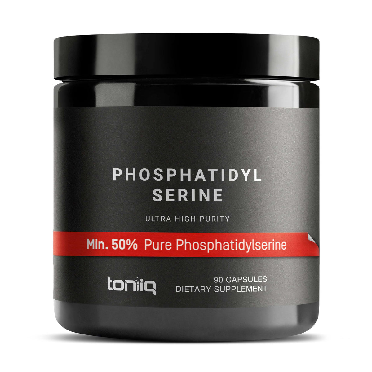 Toniiq Phosphatidylserine bottle shows 50% purity for high-potency use.