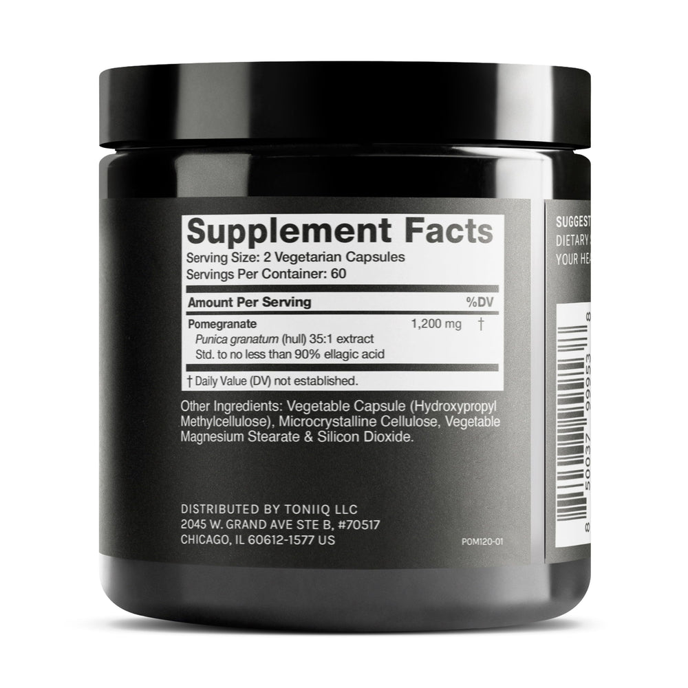 Toniiq Pomegranate Extract capsules close-up highlighting capsule texture and potency.