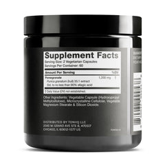 Toniiq Pomegranate Extract capsules close-up highlighting capsule texture and potency.
