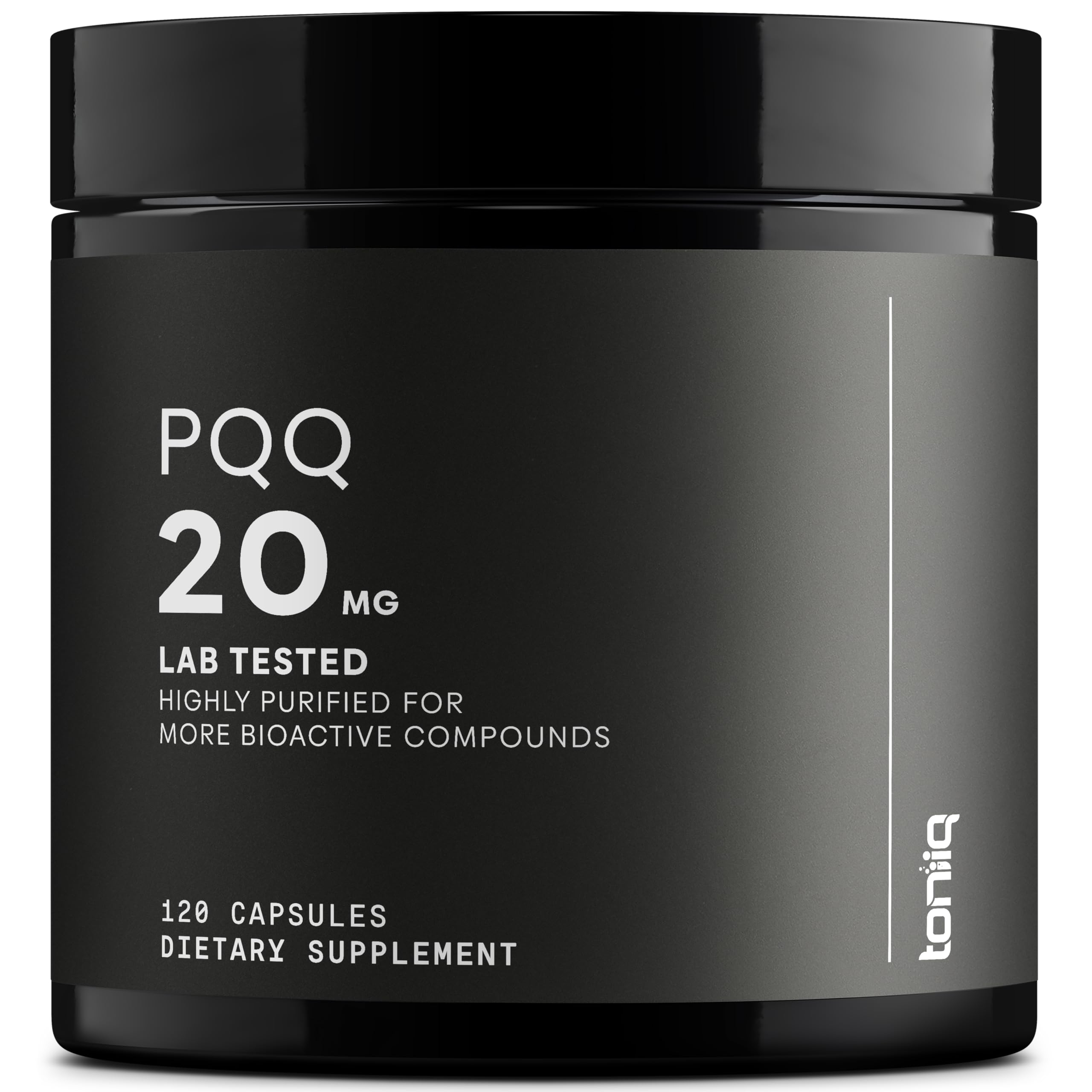 Toniiq PQQ 20 mg bottle-front showing premium purity for daily supplementation.