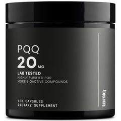 Toniiq PQQ 20 mg bottle-front showing premium purity for daily supplementation.