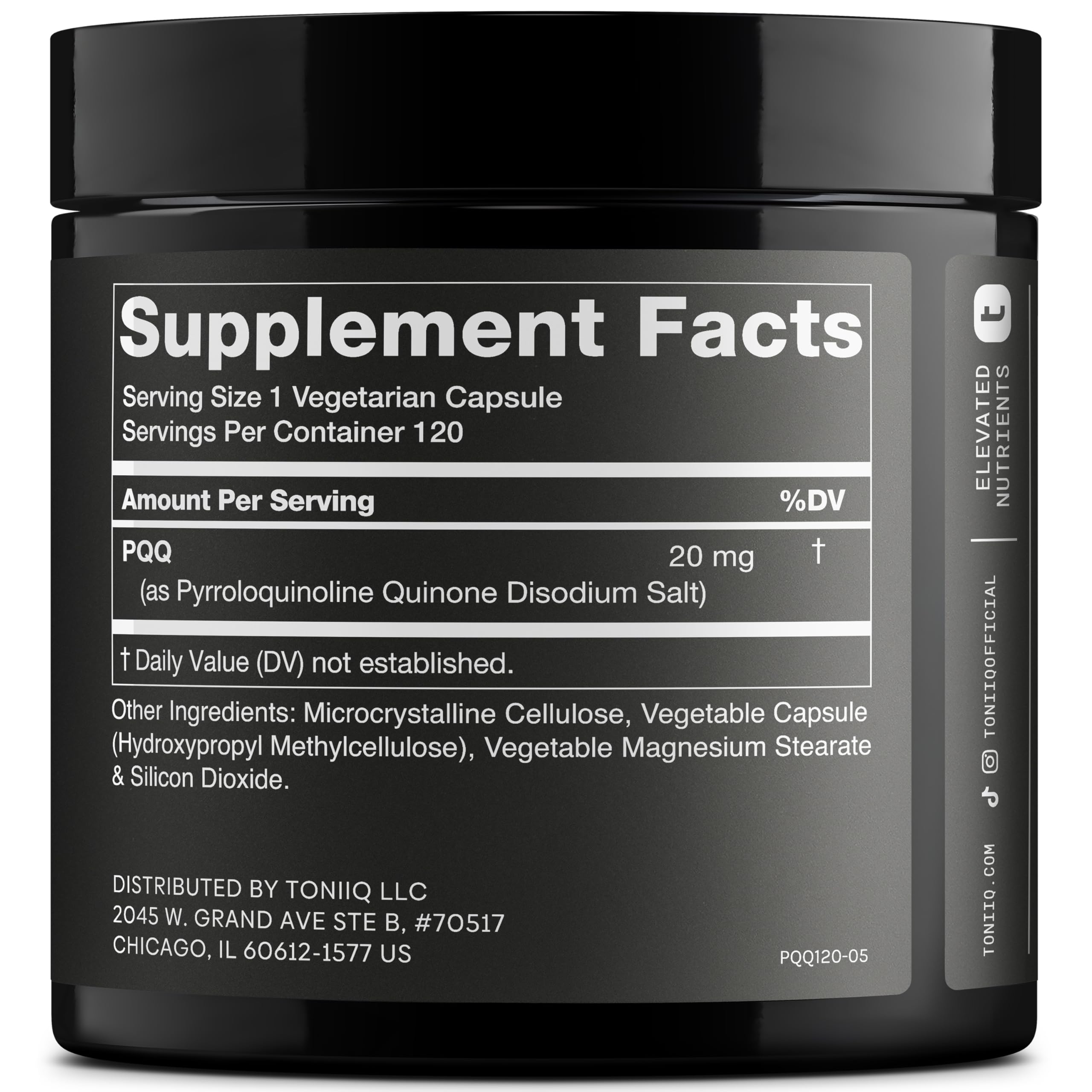 Toniiq PQQ 20 mg capsules visible, highlighting convenient vegetarian capsules.