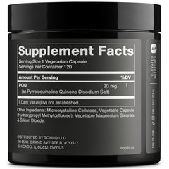 Toniiq PQQ 20 mg capsules visible, highlighting convenient vegetarian capsules.