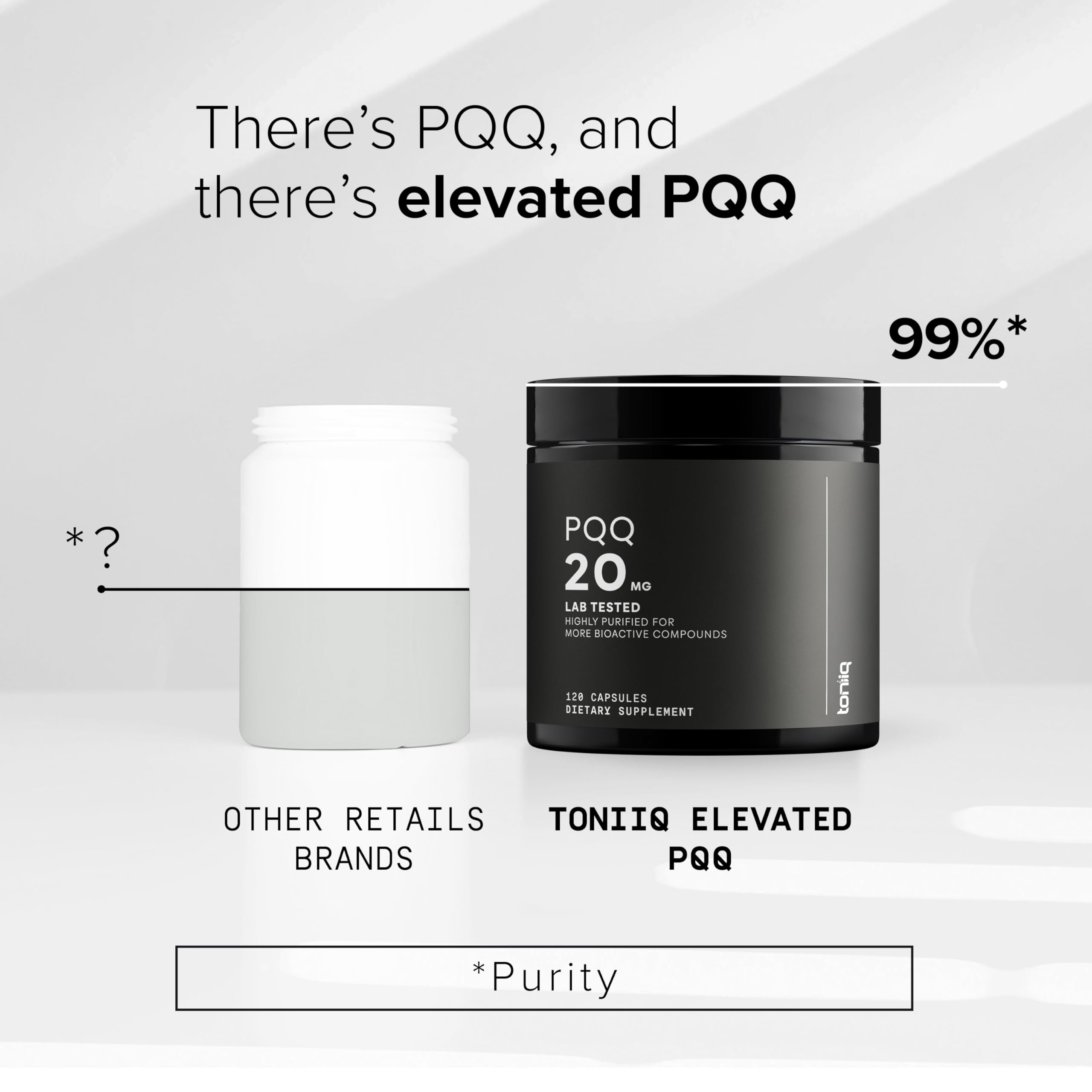 Toniiq PQQ 20 mg label-closeup with purity and batch info.