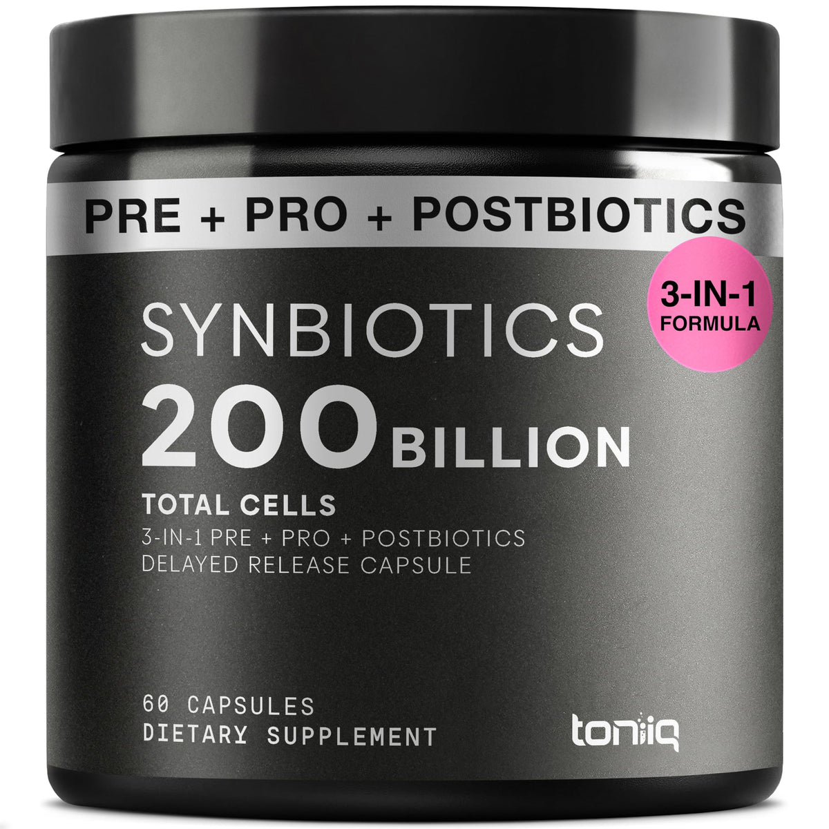 Toniiq bottle with 60 capsules for daily digestive balance and synbiotic support.
