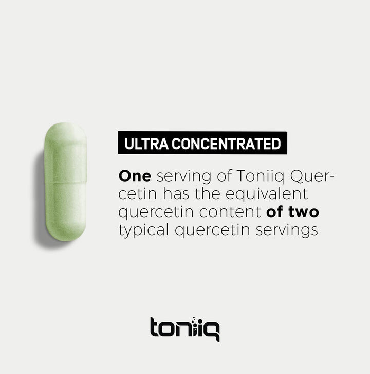 Toniiq Quercetin Capsules bottle nearby to emphasize premium quality
