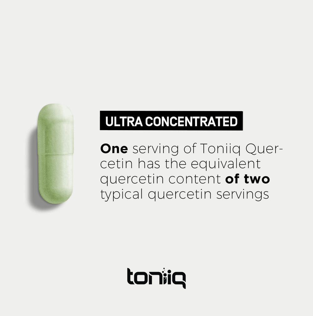 Toniiq Quercetin Capsules bottle nearby to emphasize premium quality