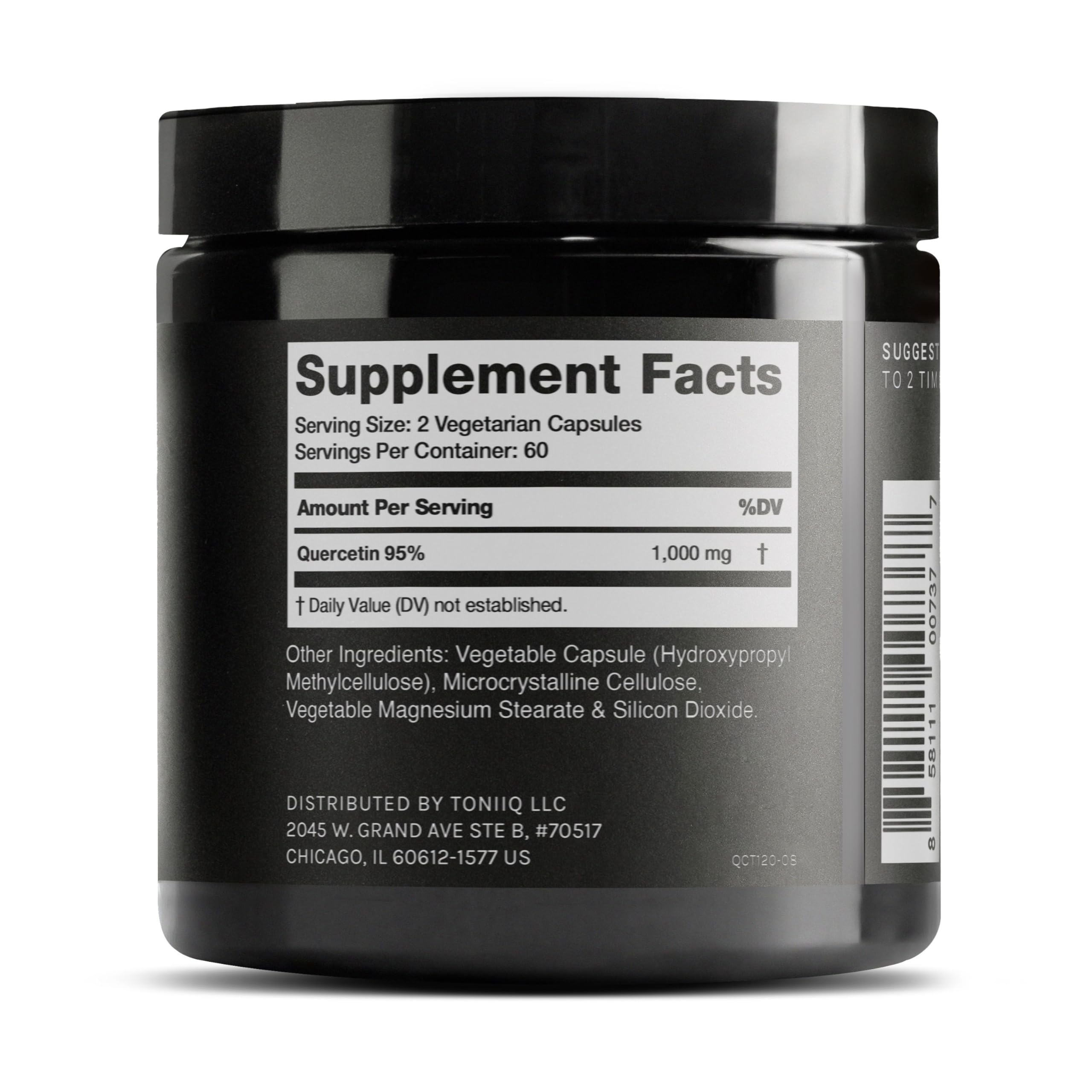 Toniiq Quercetin capsules close-up highlighting smooth, easy-to-swallow dosage